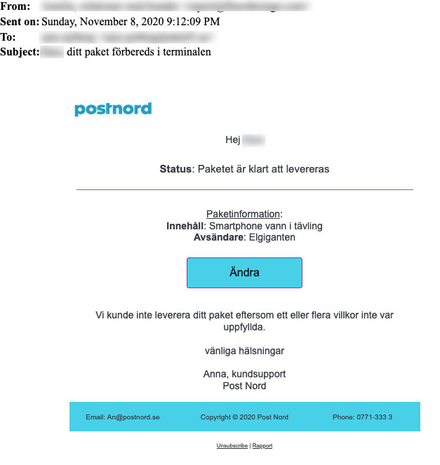 Postnord, phishingförsök